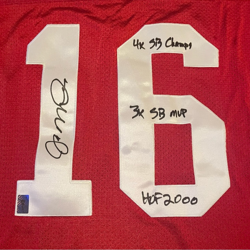 Rare Joe Montana San Francisco 49ers Autographed Jersey w/career highlights.